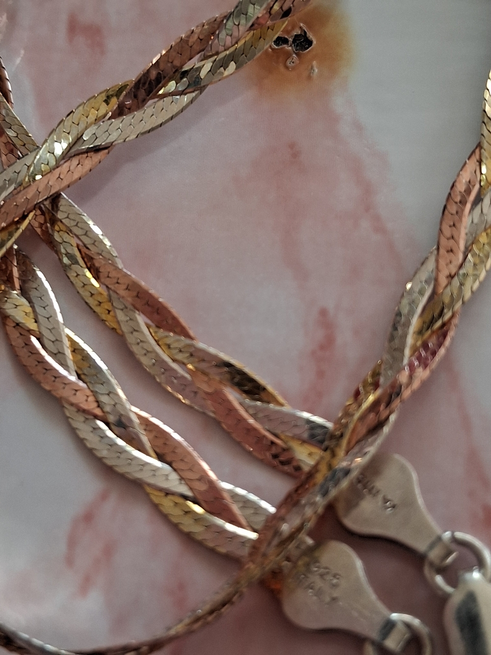 Tri-Tone Braided Figaro Necklace - Rose, Yellow & White Gold Look